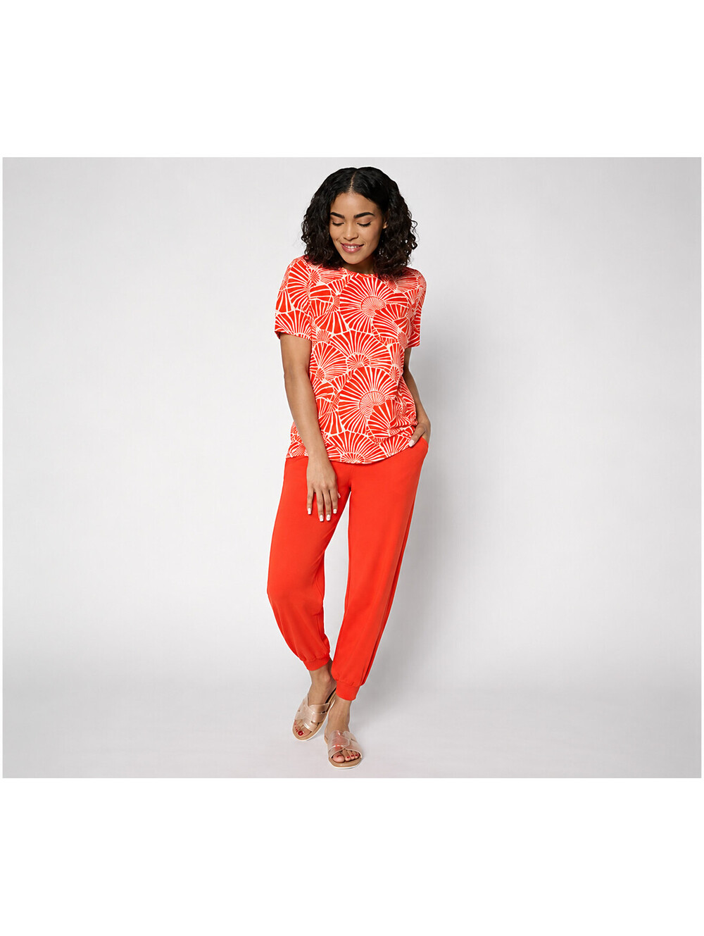 Anybody Regular Cozy Knit Printed Tee & Jogger Set Sunset Red,X-Large